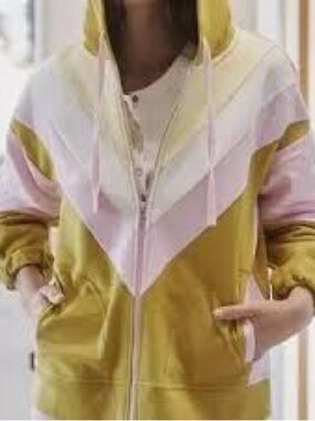 Anthropologie Colorblock Hooded Zip Jacket in Mustard, Pink, White